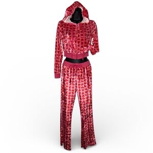 Red Heart-Pattern Velvet Track Jacket & Joggers Set - Women